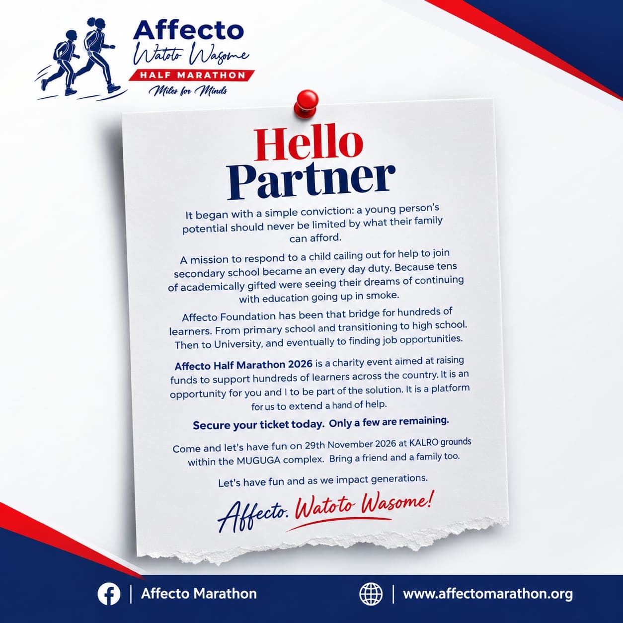 Affecto Watoto Wasome Half Marathon 2026 — Hello Partner invitation poster