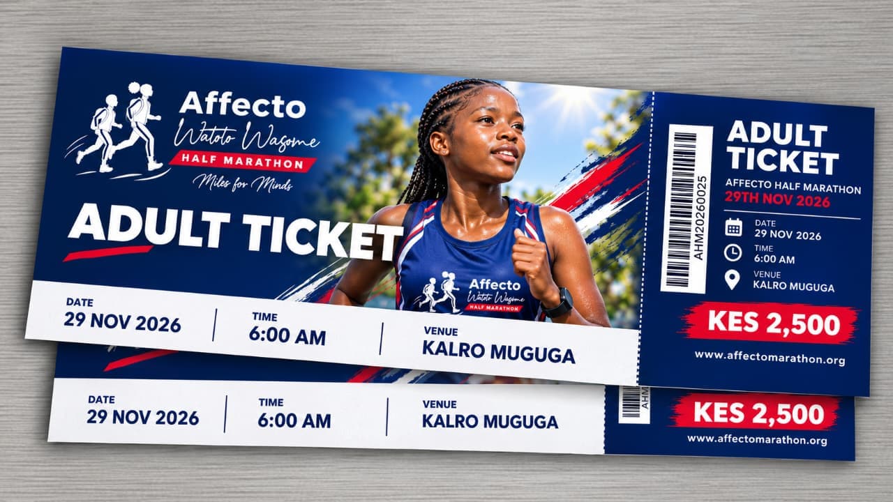 Affecto Half Marathon adult ticket showing Kes 2,500, 29 November 2026, 6:00 AM and KALRO Muguga